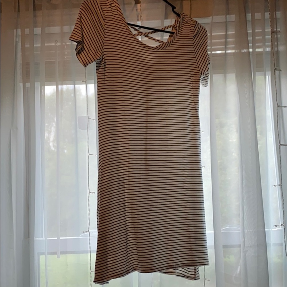 Flowey black and white striped dress/cross back.